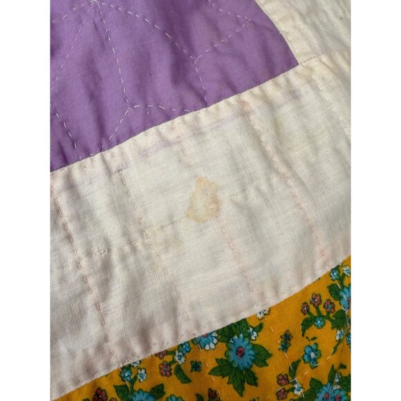 Vintage 60's Quilt Patchwork Purple Yellow Floral 92x78" - Picture 10 of 16